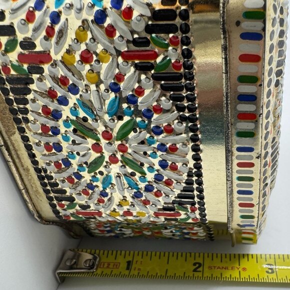 Embossed Vtg Floral Mosaic Treat Trinket Tin Hinged Lid Litho Design England - Picture 4 of 9